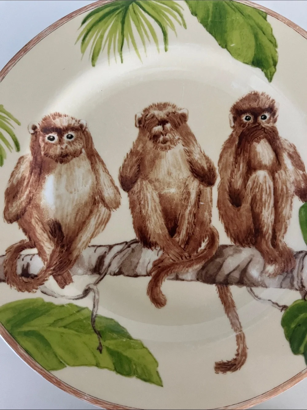 American Atelier Three monkeys porcelain salad plates hear see speak no evil 8”